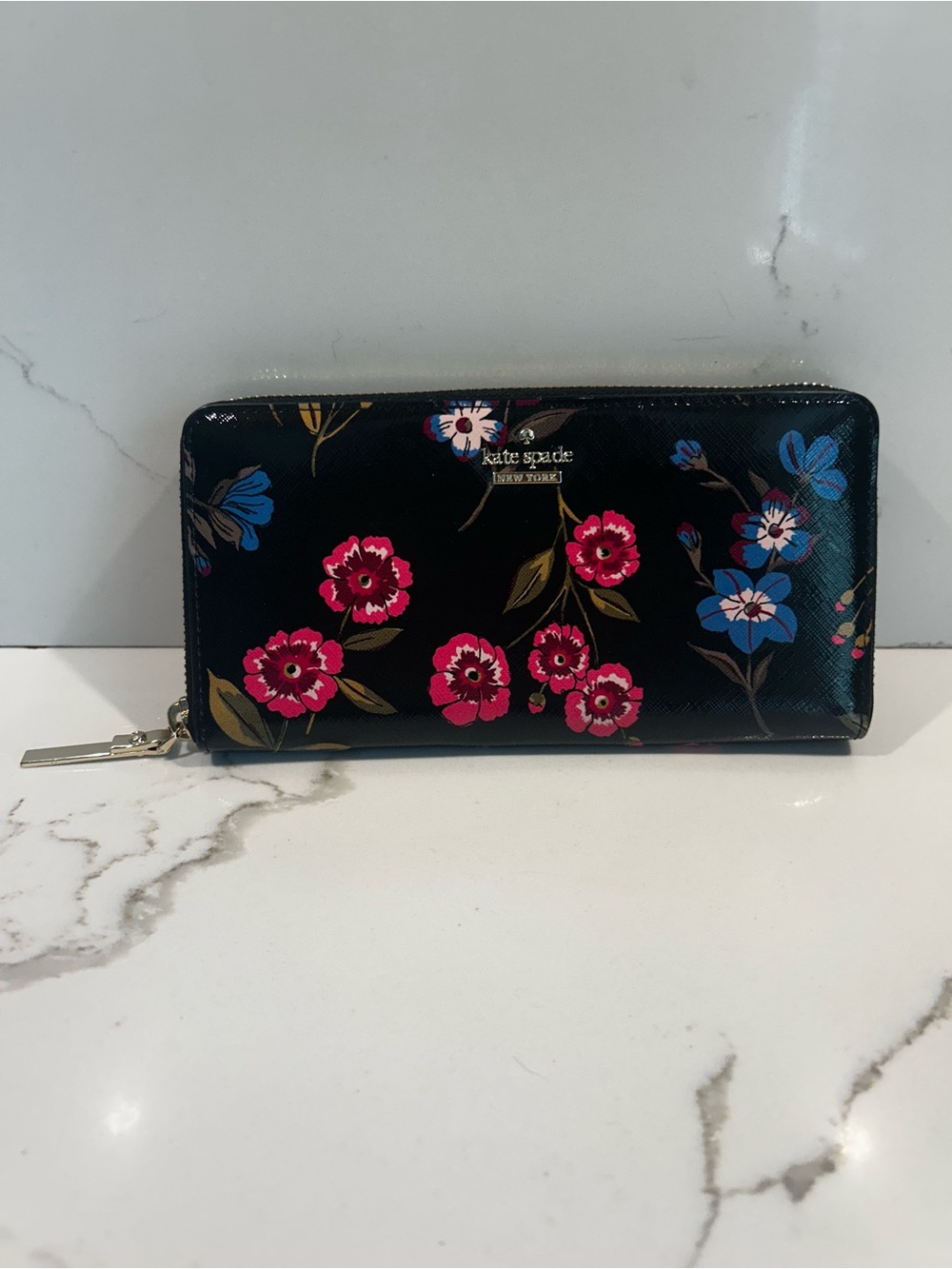 kate spade Black Floral Zip Wallet with Pink and Blue Flowers